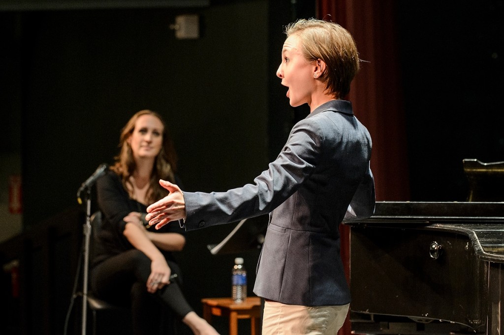 With arms open wide and notes pouring out, UW student Alaina Carlson, right, performs for School of Music alumna Brenda Rae during a master class in Music Hall.