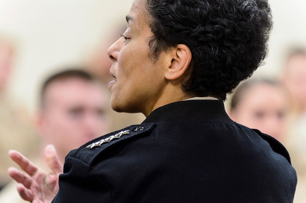 A four-star visit: Admiral Michelle Howard, the U.S. Navy's vice chief of naval operations, speaks to 50 midshipmen in the campus’s Naval ROTC unit.