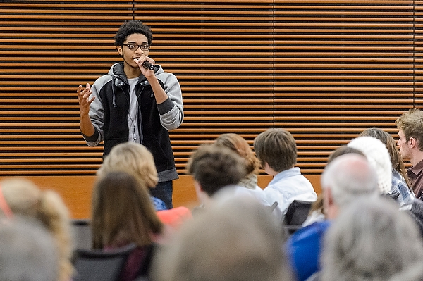 UW student Deshawn McKinney speaks In during a public roundtable discussion in 2014.