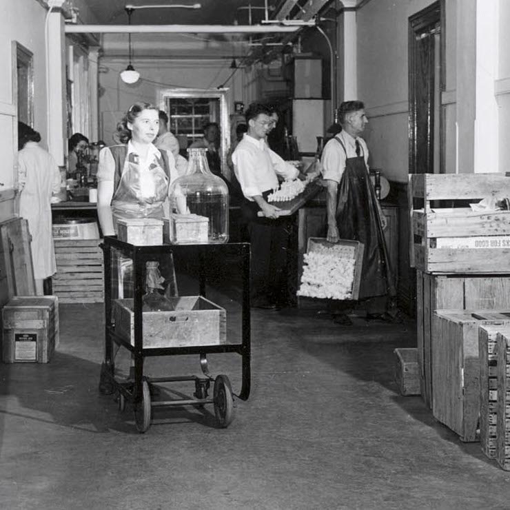 Photo: Woman pushing cart with lab equipment