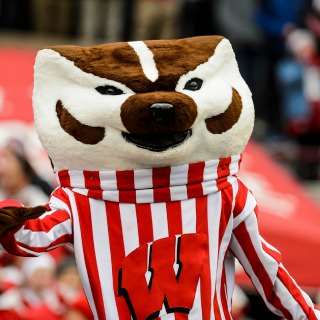 UW-Madison mascot Bucky Badger cheers as the Wisconsin Badgers play a football game against the Michigan Wolverines at Camp Randall Stadium at the University of Wisconsin-Madison on Nov. 18, 2017. Wisconsin won the game, 24-10. (Photo by Jeff Miller / UW-Madison)
