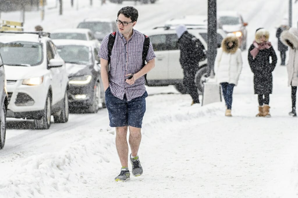 One way to deal with the cold is to pretend it doesn't exist. A hardy pedestrian makes his way along West Johnson Street in shorts.