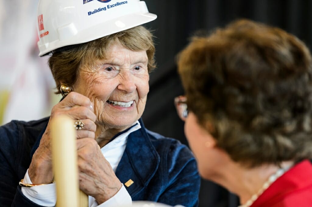 At left, Nancy Nicholas shares a laugh with UW-Madison Chancellor Rebecca Blank.
