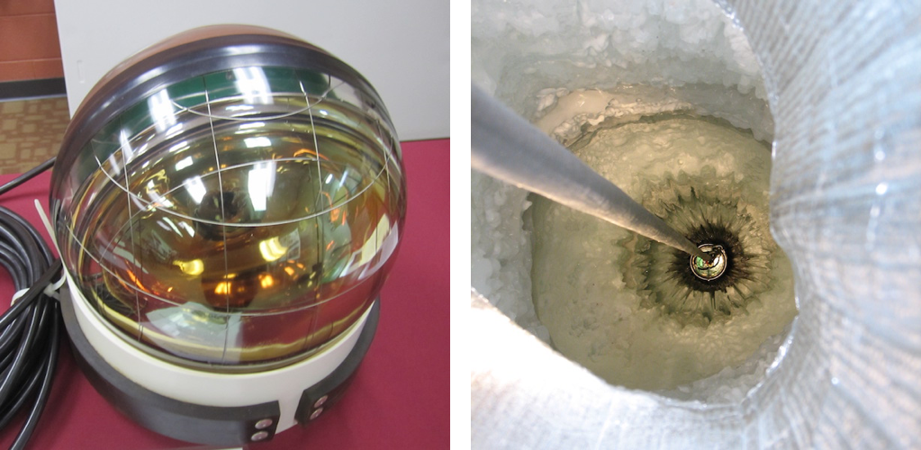 A photomultiplier tube and the hole in the ice into which it is dropped.
